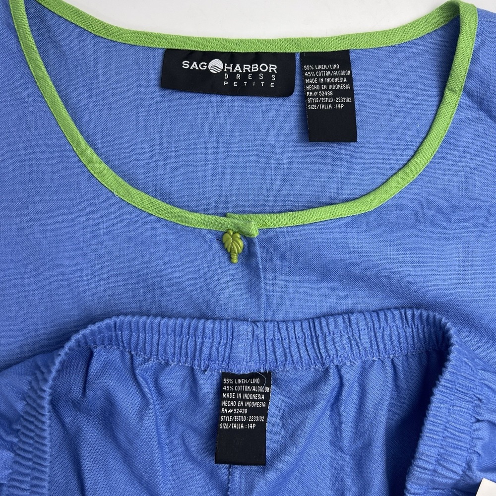 Sag Harbor 2 Pc Set 14P Capris Pants Blue Lime Green Palm Trees Buttons Beach - Picture 7 of 16
